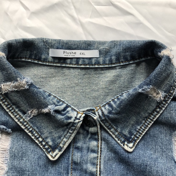 Distressed Plushe Cotton Button Down Jean Jacket - Picture 5 of 12